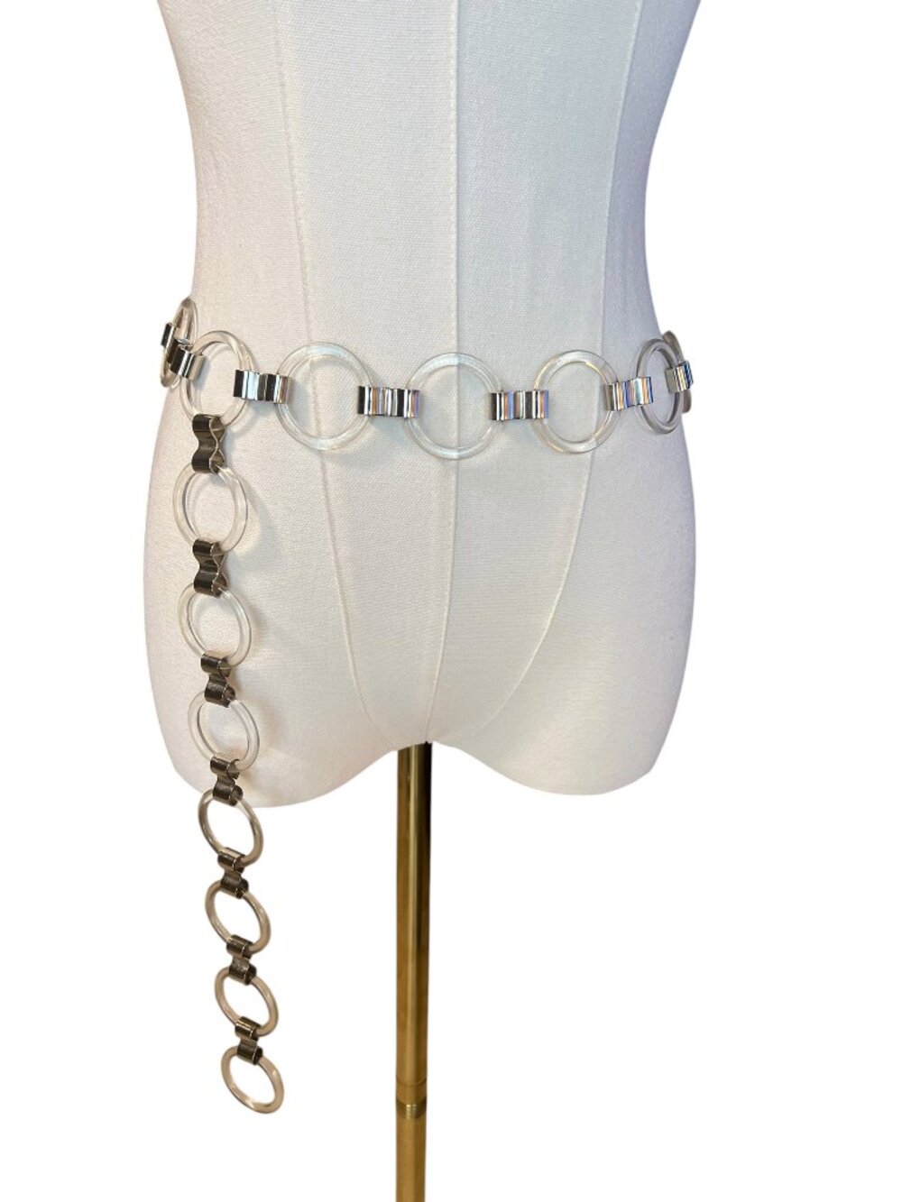 Vintage 1970s Clear Lucite Ring Chain Belt Silver Tone Adjustable Mod Disco